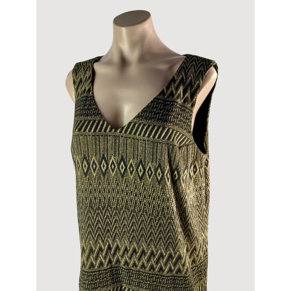 London Times Black Gold V Neck Sleeveless Pleated Dress Size 14 LBD Gatsby Deco - Picture 3 of 13